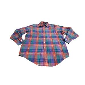 Vtg Ralph Lauren Shirt Men's Size L Madras Fuchsia Teal Blue Plaid 100% Cotton